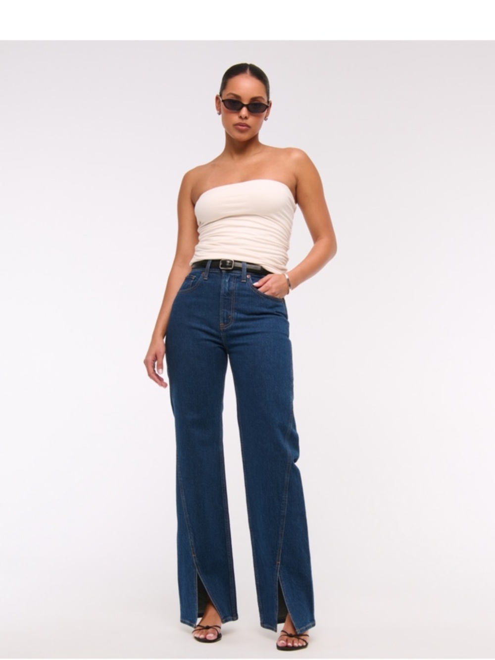 Abercrombie & Fitch High-Rise Wide-Leg Dark Blue Split-Hem Jeans